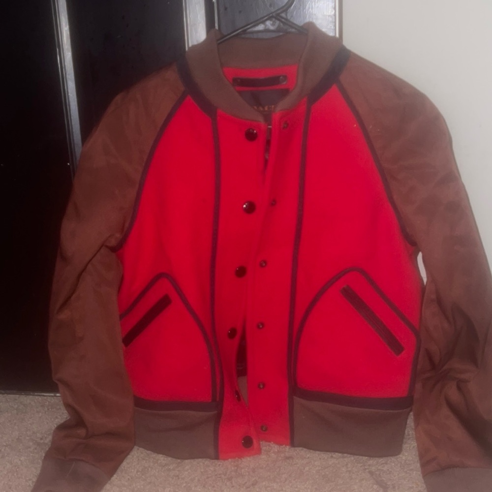 red and brown coach bomber jacket